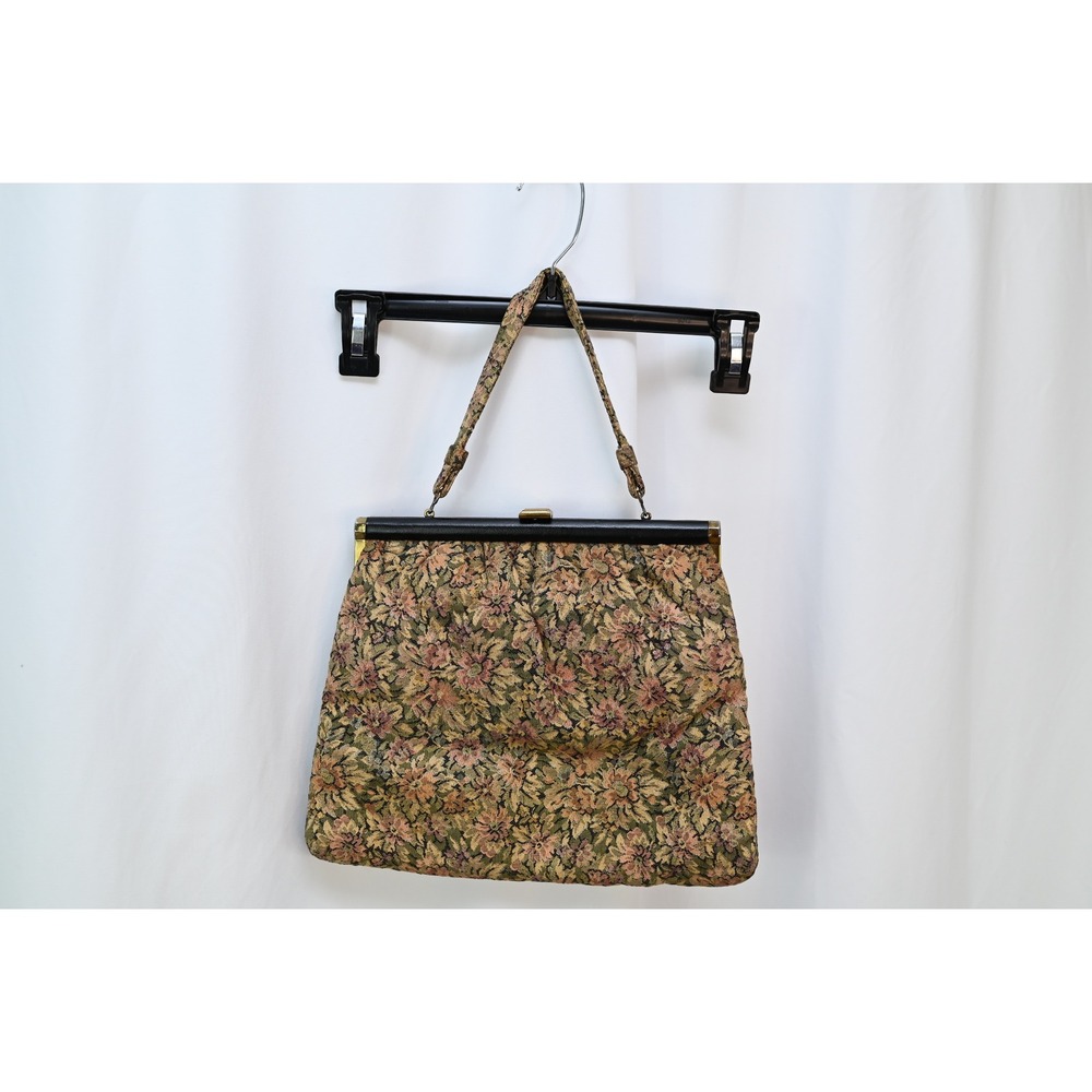 Vintage Floral Tapestry Handbag Pink Green Woven Kiss Lock Frame Bag
